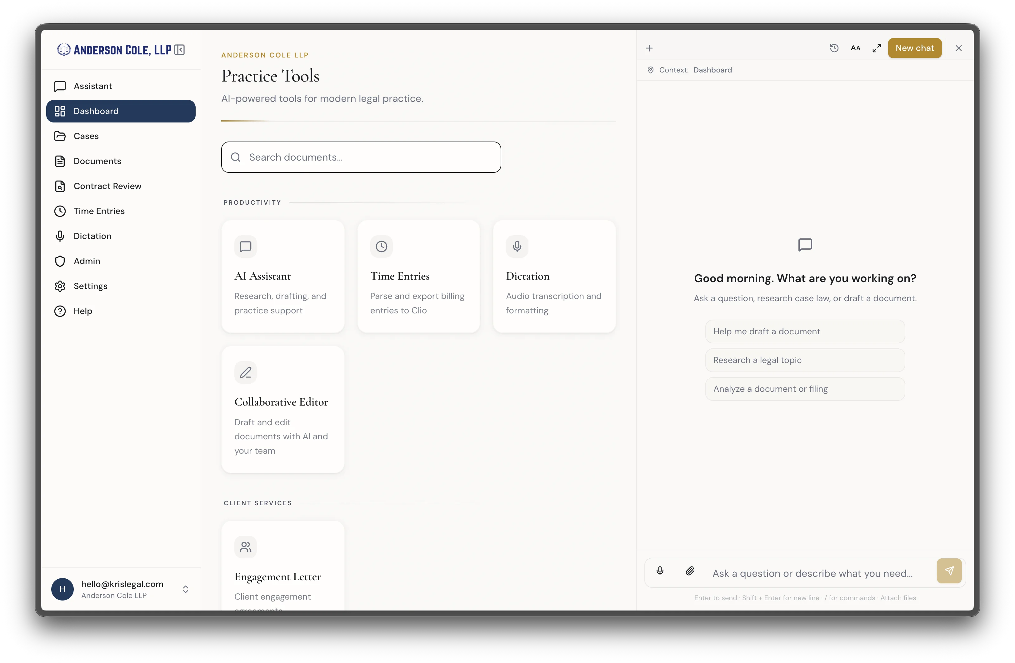 KrisLegal dashboard with practice tools, AI assistant, and productivity features