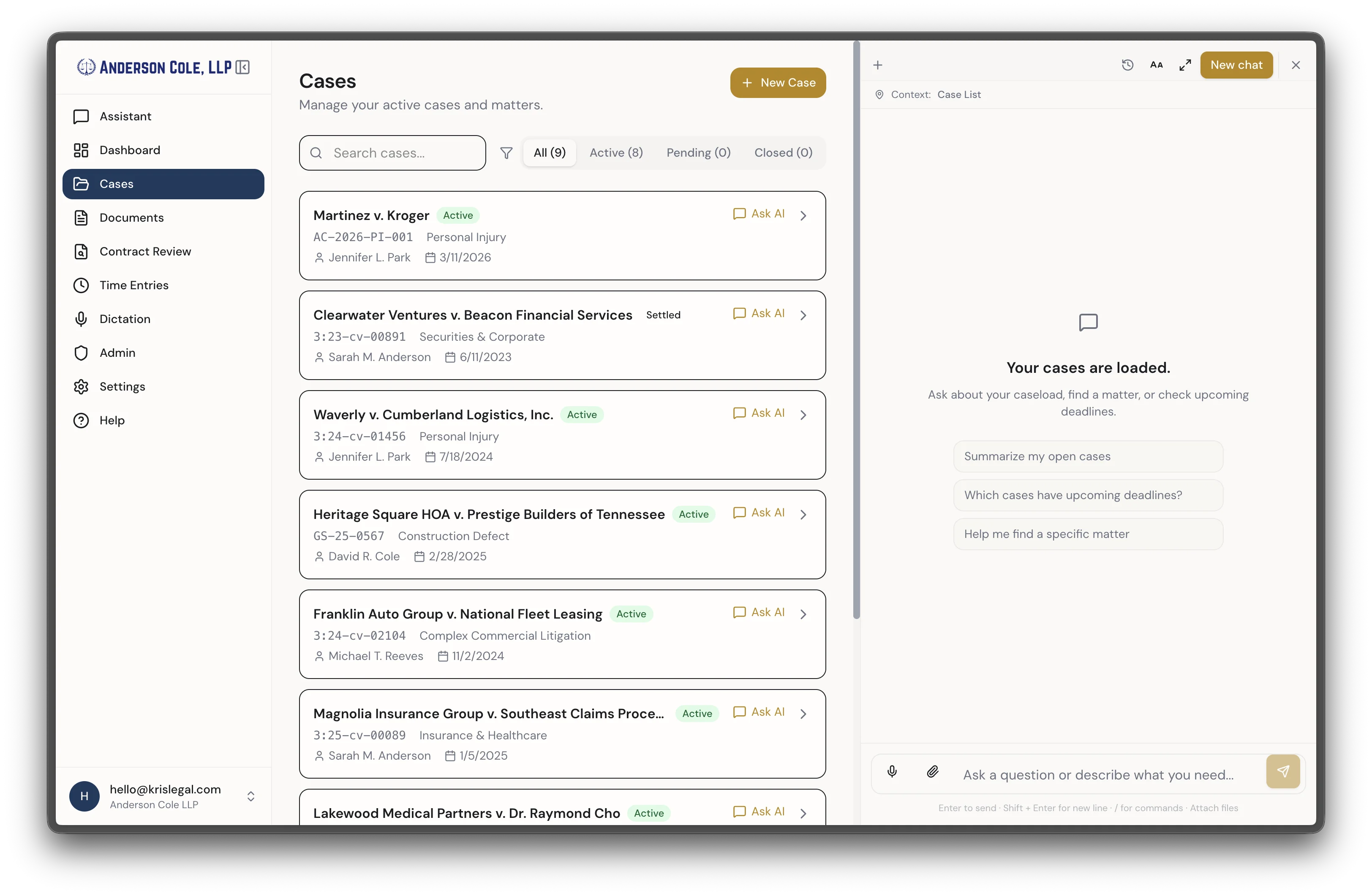Cases list with active matters, practice areas, and AI context