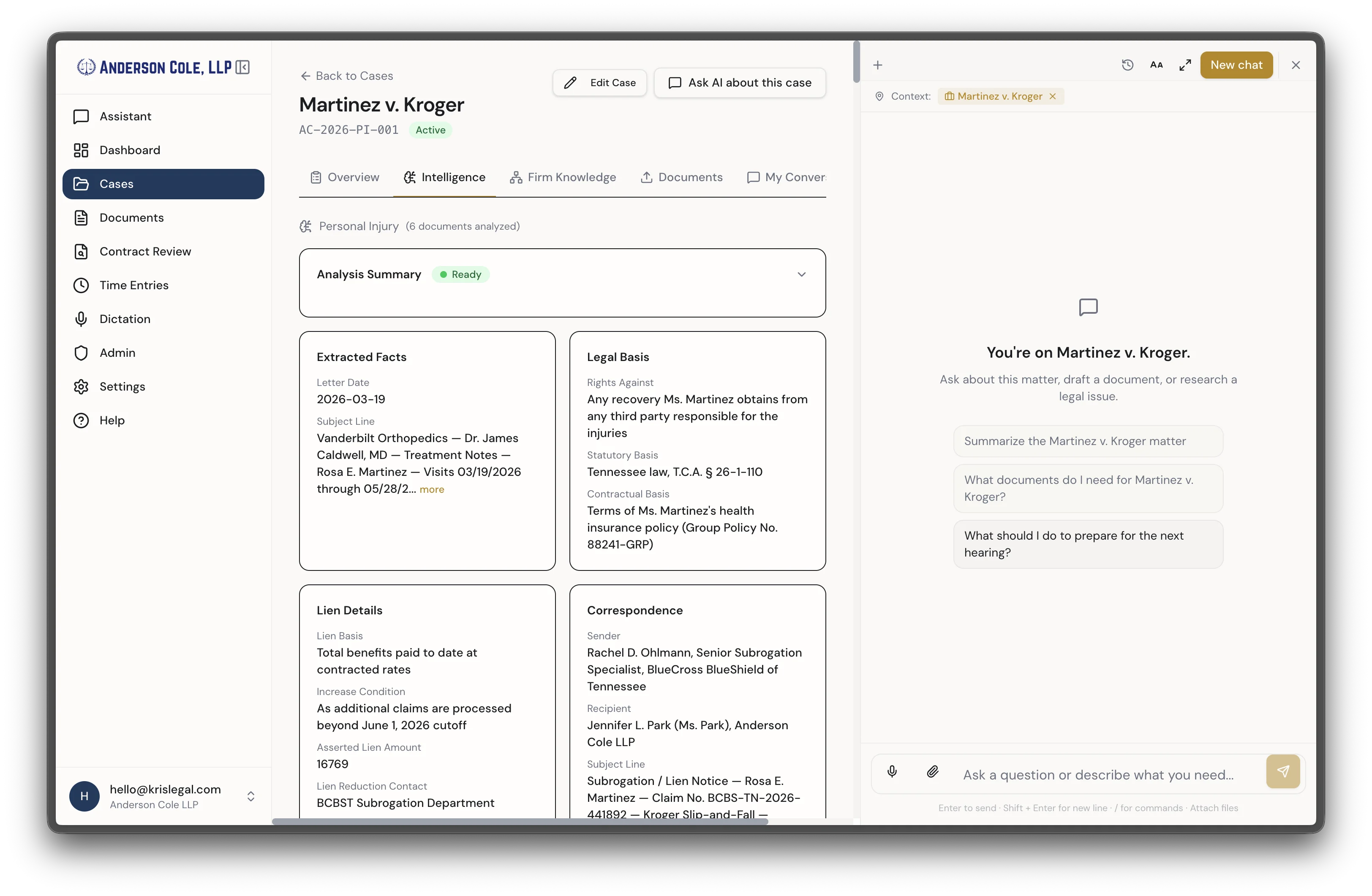 Case detail view with extracted facts, legal basis, liens, and AI analysis