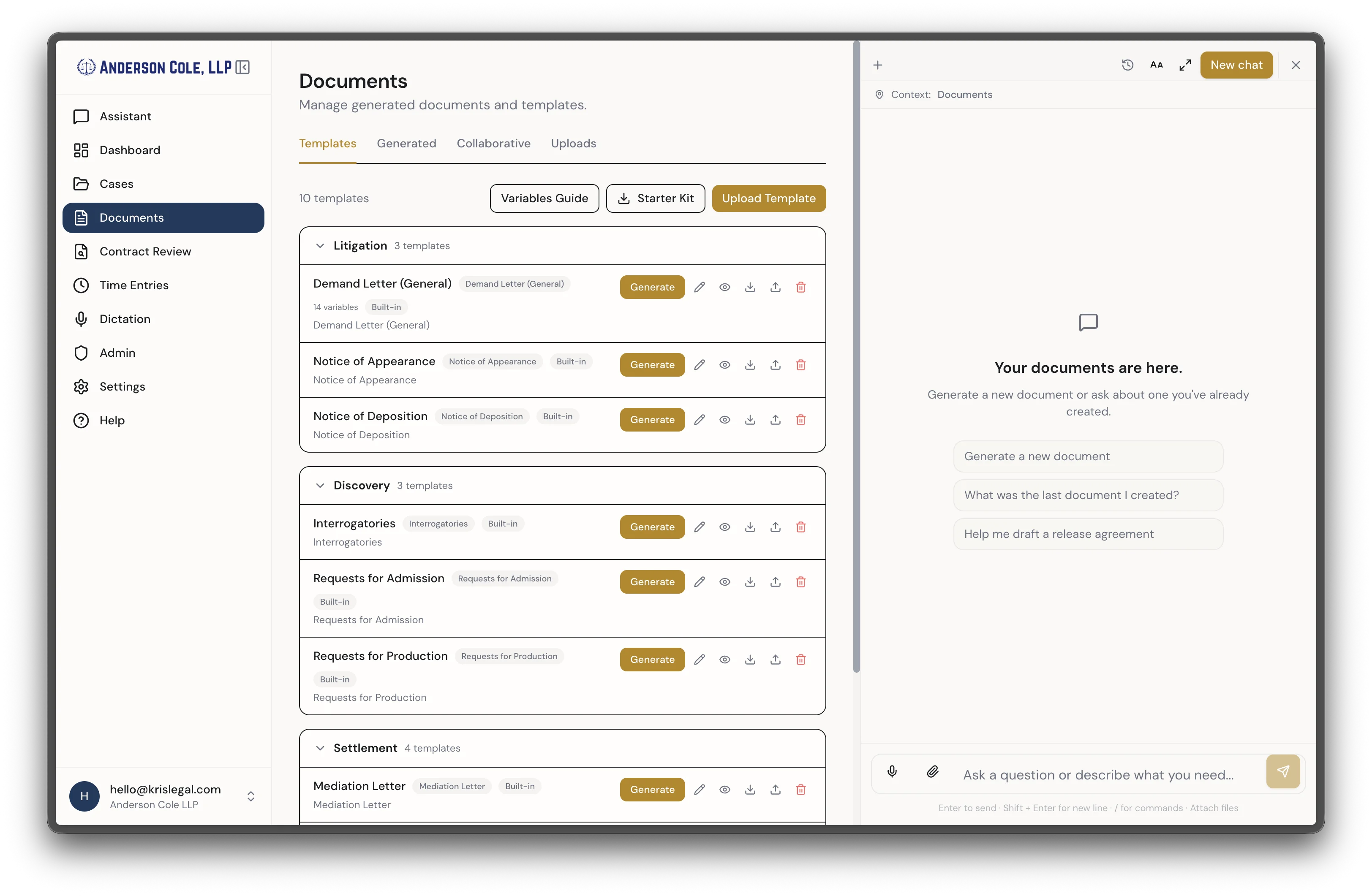 Document templates with litigation, discovery, and settlement categories