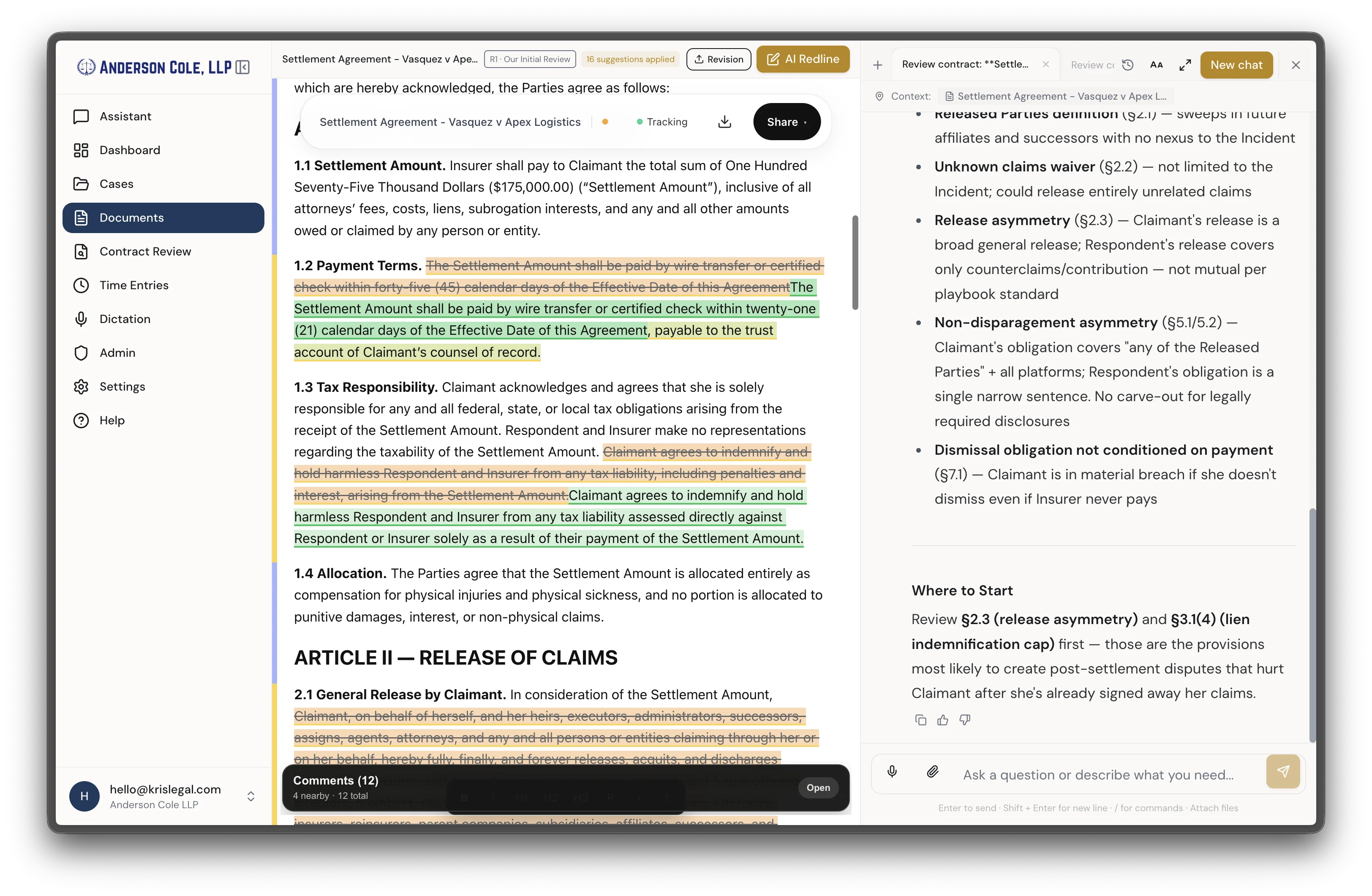 Contract review with AI-generated redlines, tracked changes, and comments