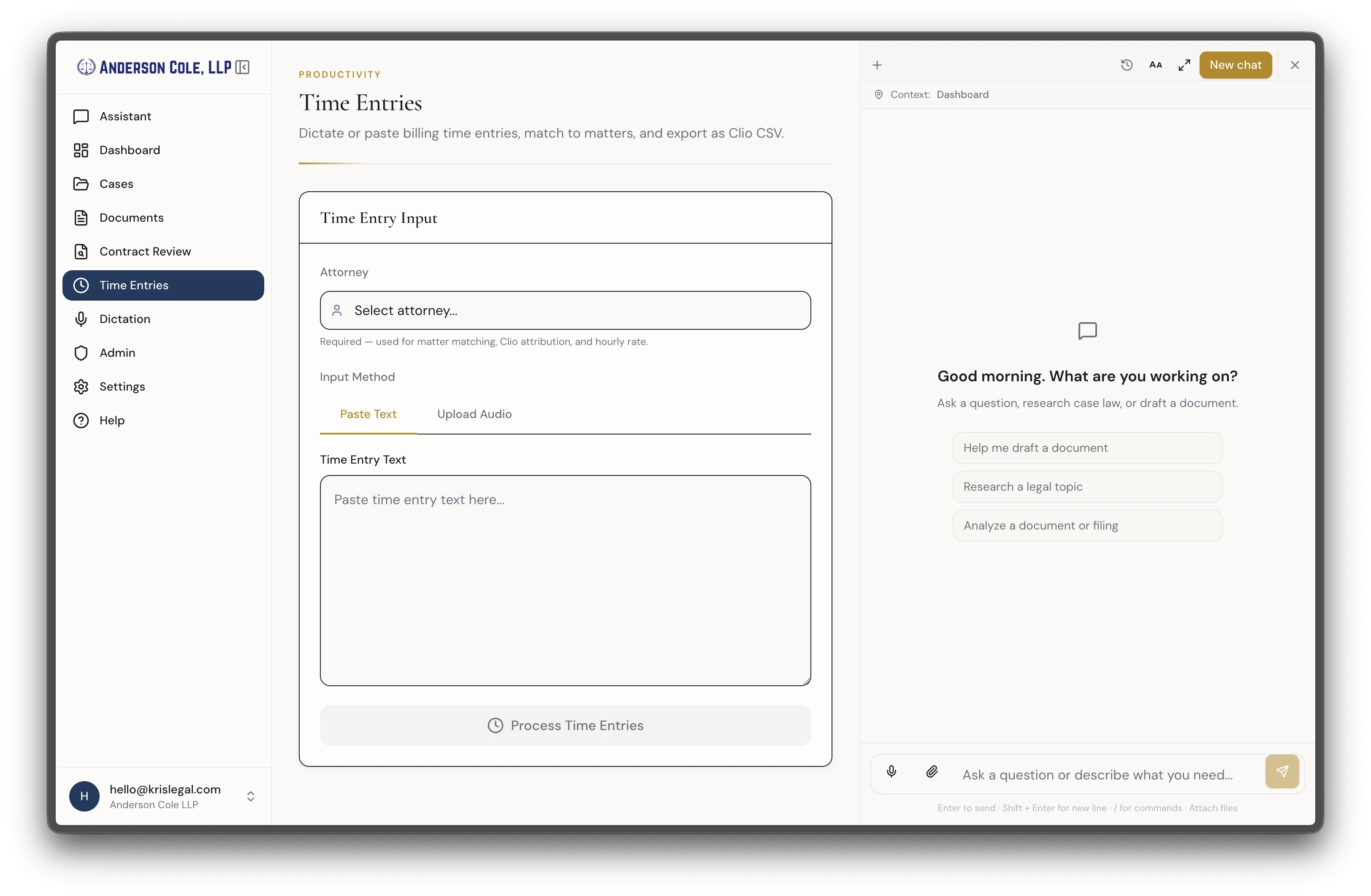 Time entry input with attorney selection and Clio export
