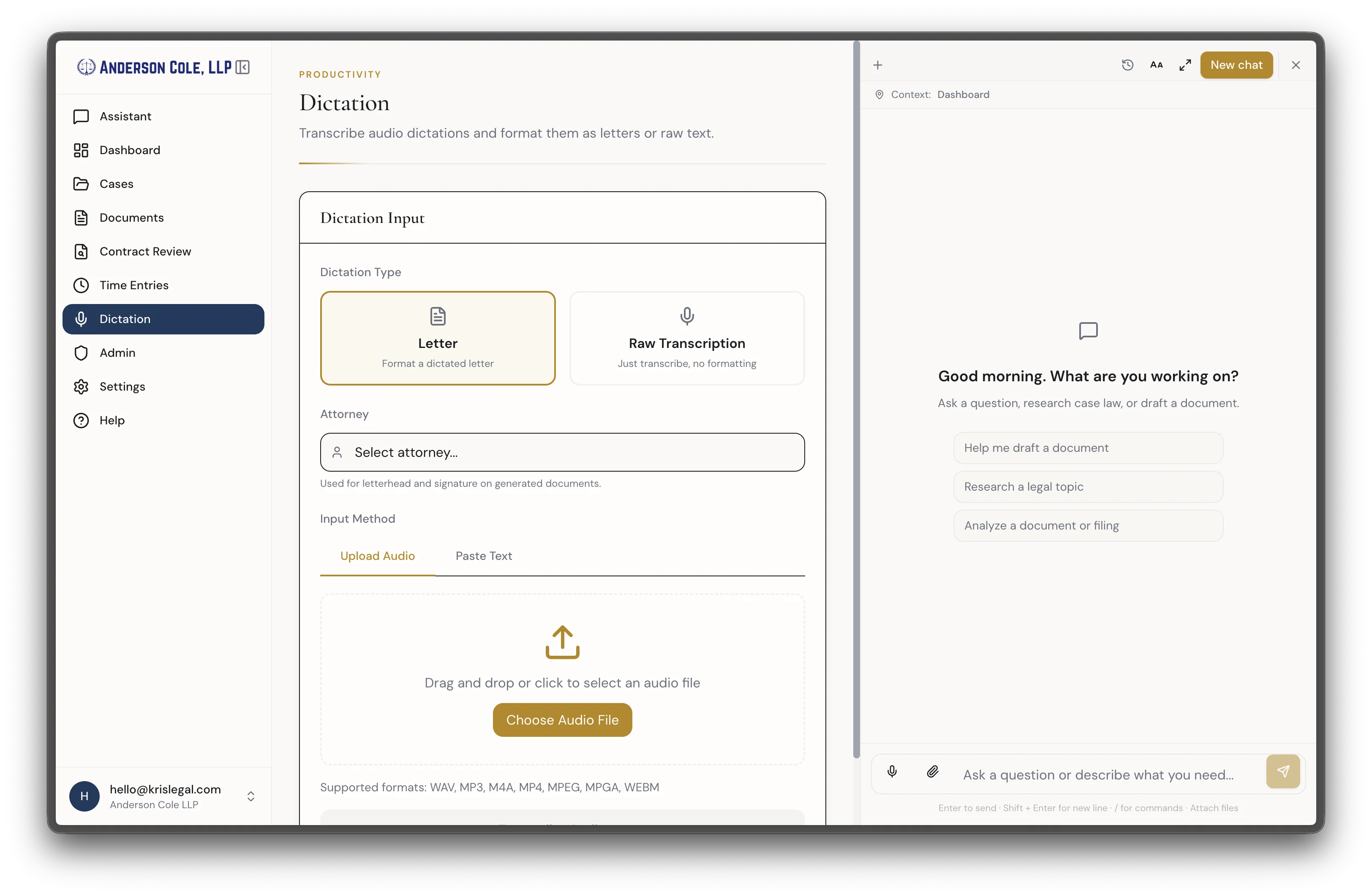 Dictation interface with letter and raw transcription modes