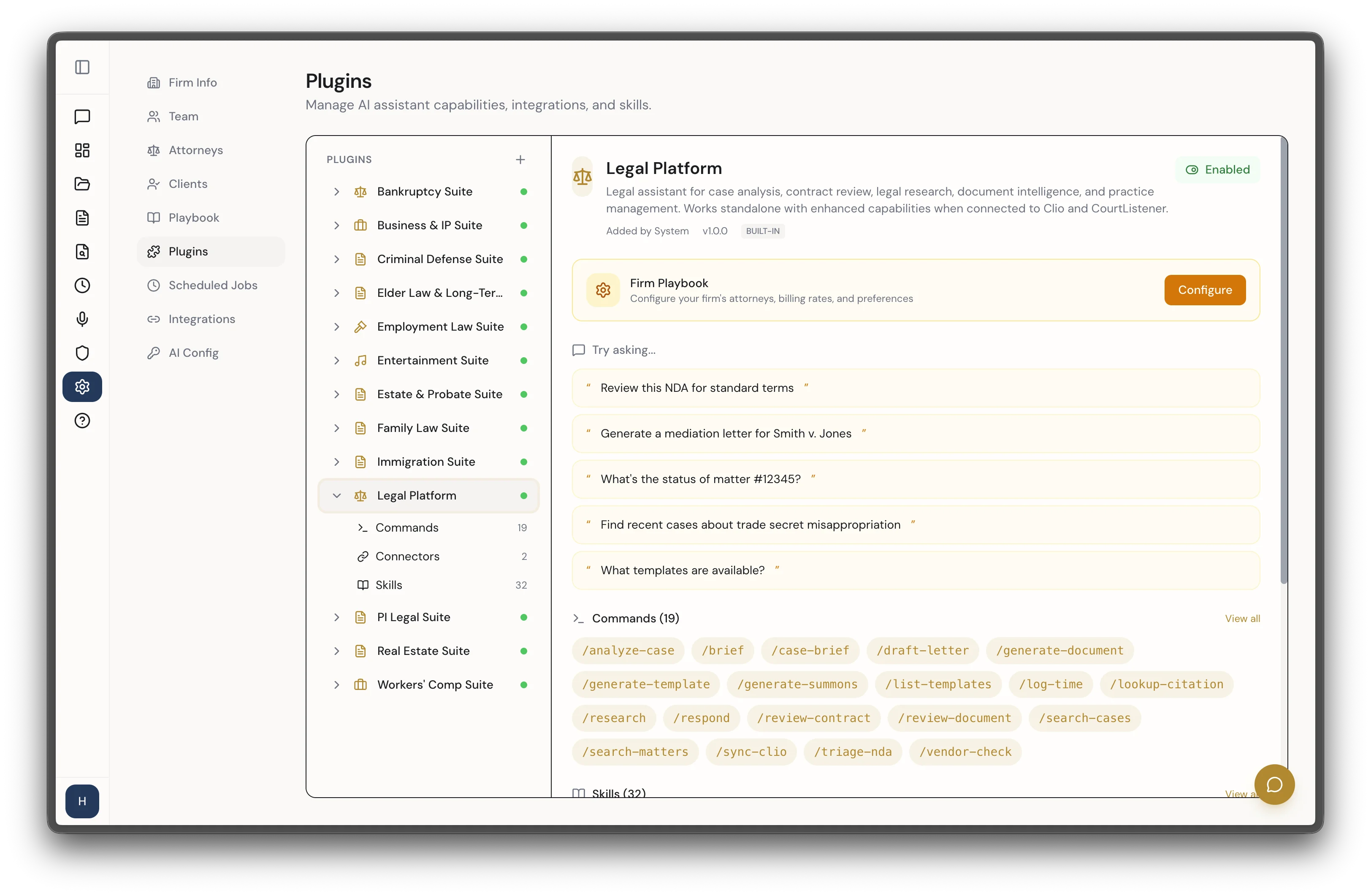 Practice area plugins with 12 suites and AI tool commands