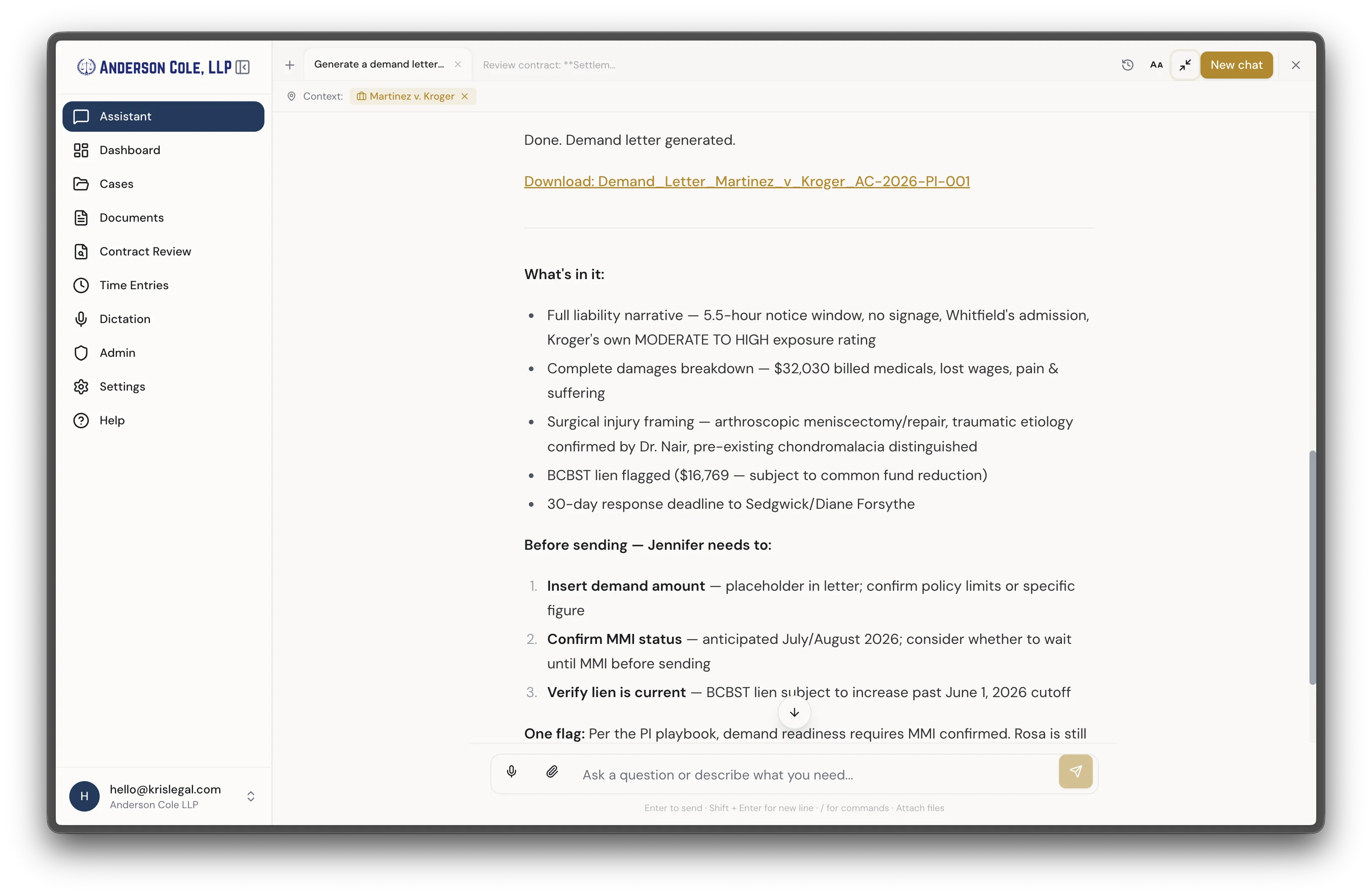 AI-generated demand letter with case facts and attorney instructions